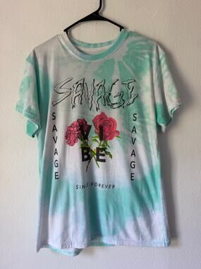Fresh Laundry Savage Rose Graphic Print Blue White Tie Dye Short Sleeve Tee L